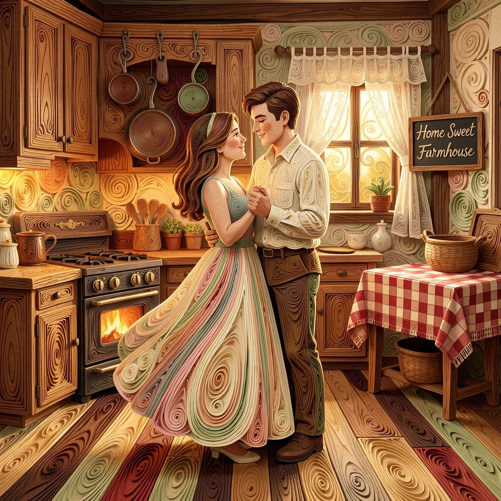 a young couple sharing a quiet dance in their living room, in a rustic farmhouse kitchen, composed with generous warmth and closeness between subjects, in a warm, nostalgic color palette.