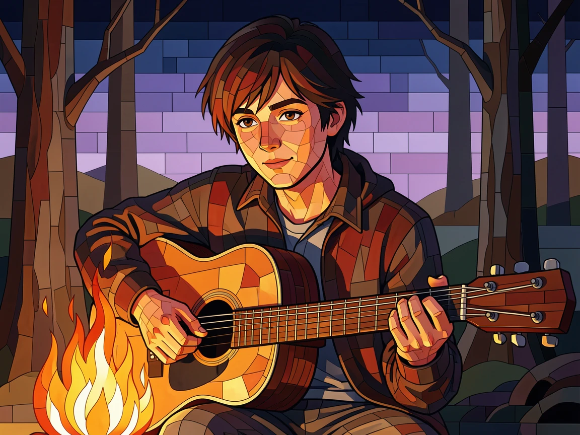A close-up emotional portrait of a young musician playing guitar around a glowing campfire, with striking eyes and gentle expression.