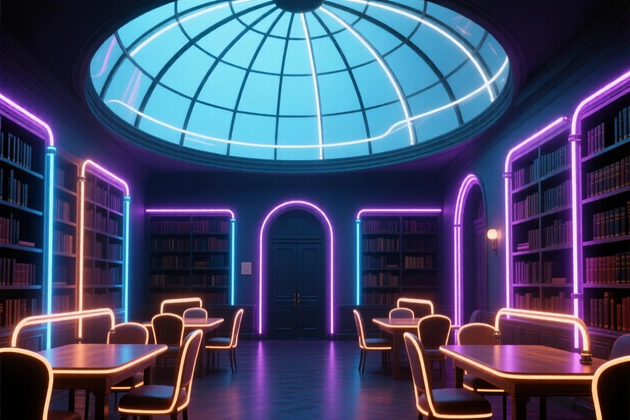 A grand library reading room with a domed glass ceiling.