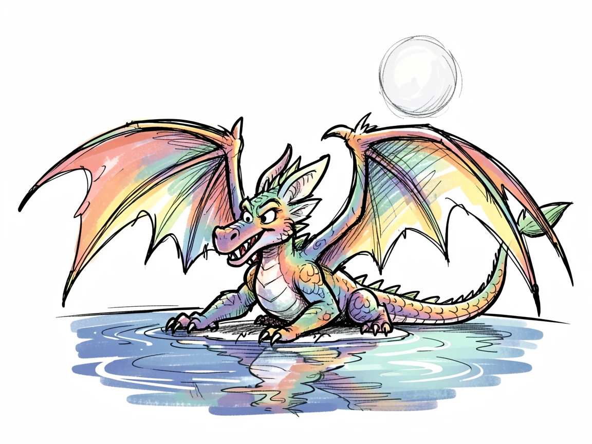 A dragon with rainbow-colored scales stretching its wings beside a moonlit lake.