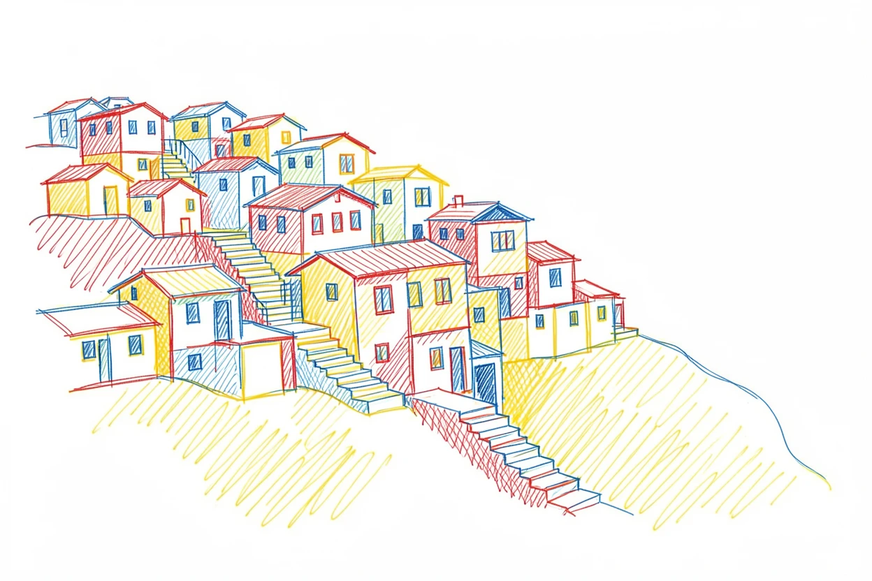 A terraced hillside town with stairways connecting colorful houses