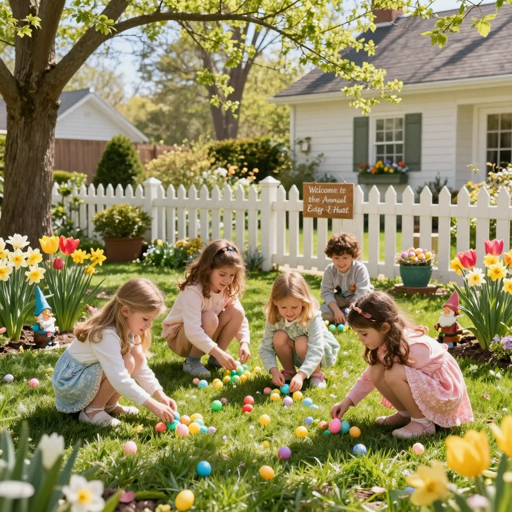 An Easter egg hunt in a sunlit garden