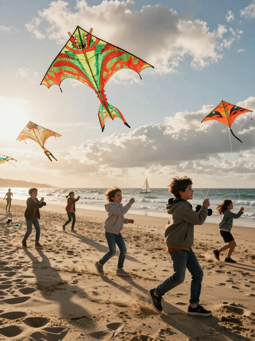 A group of children flying kites shaped like dragons on a windy beach