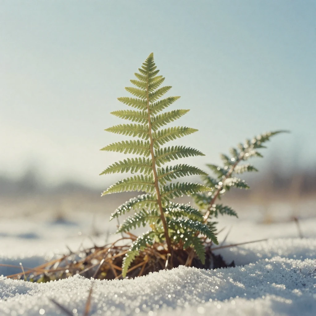 A close-up of morning dew clinging to a fern frond, under harsh midday sun, as heat shimmers over the ground, under the first snow of winter, in soft muted pastels, captured from a low angle looking up.