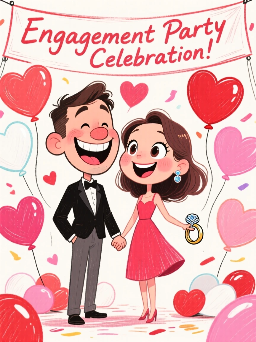 A couple celebrating their engagement party surrounded by balloons shaped like hearts.