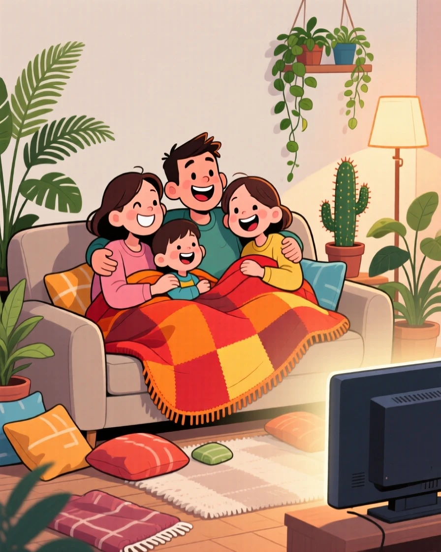 A heartwarming scene of a blended family piled onto one couch watching a movie under a shared blanket, surrounded by house plants and cozy blankets.