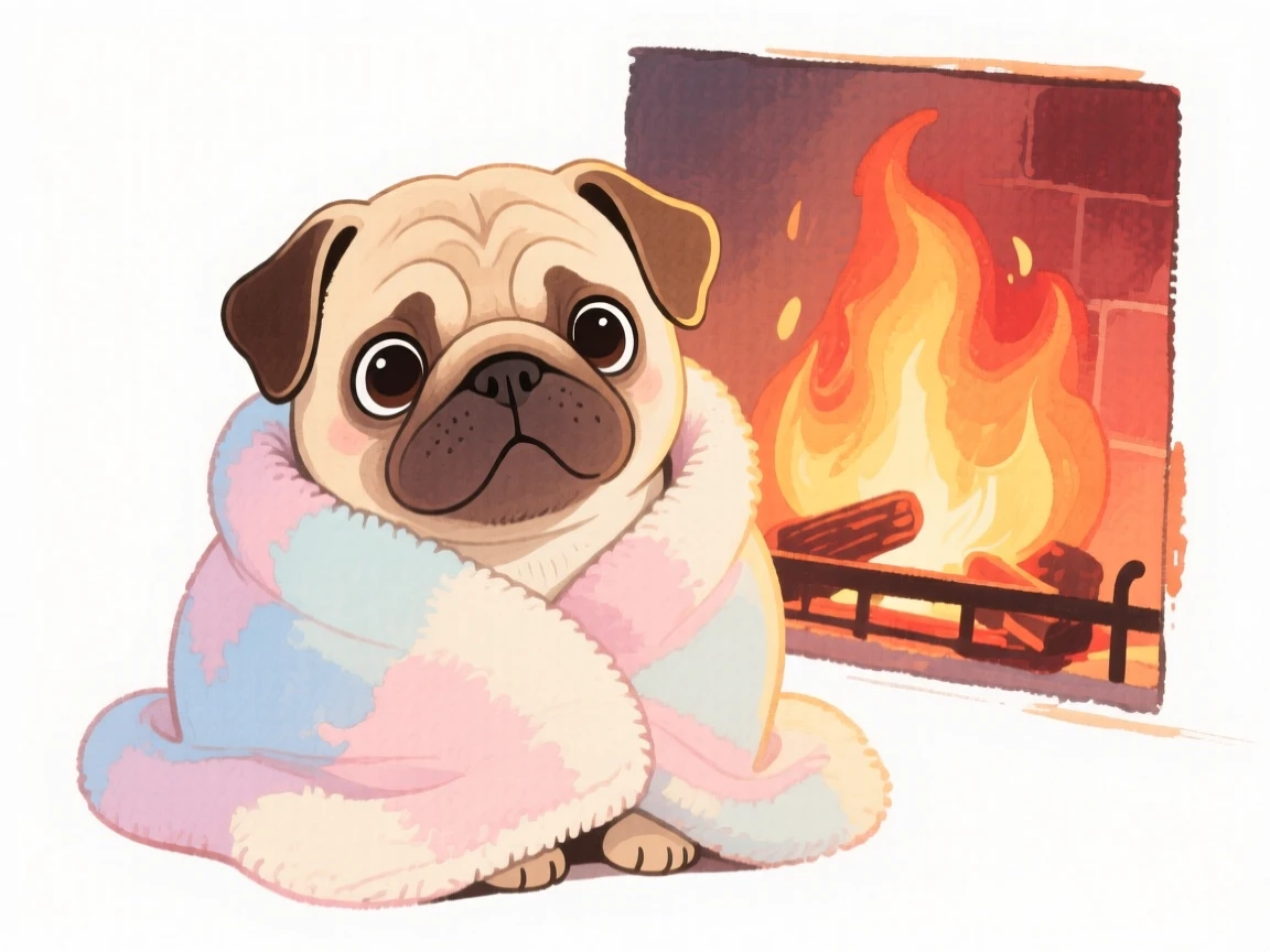 A pug puppy wrapped in a soft blanket by a fireplace