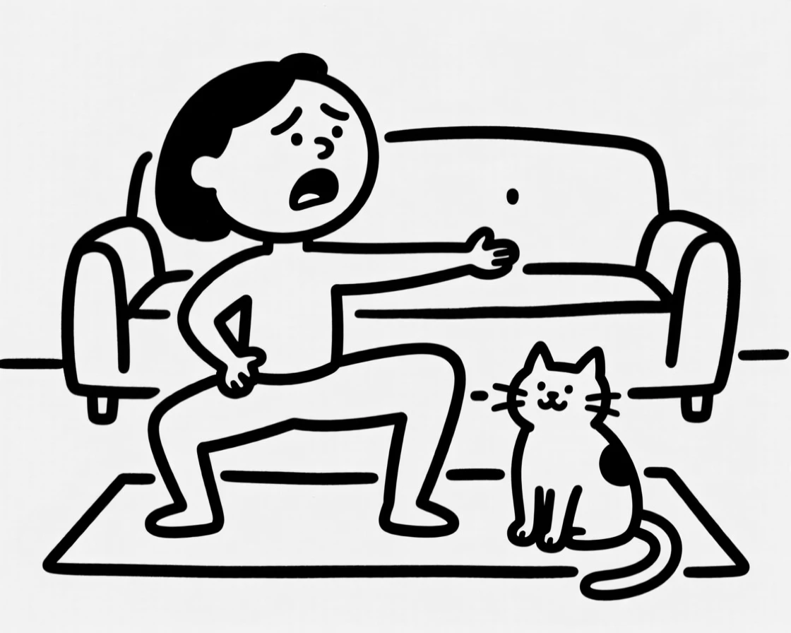 A person doing yoga in the living room while a curious cat sits directly on their mat.