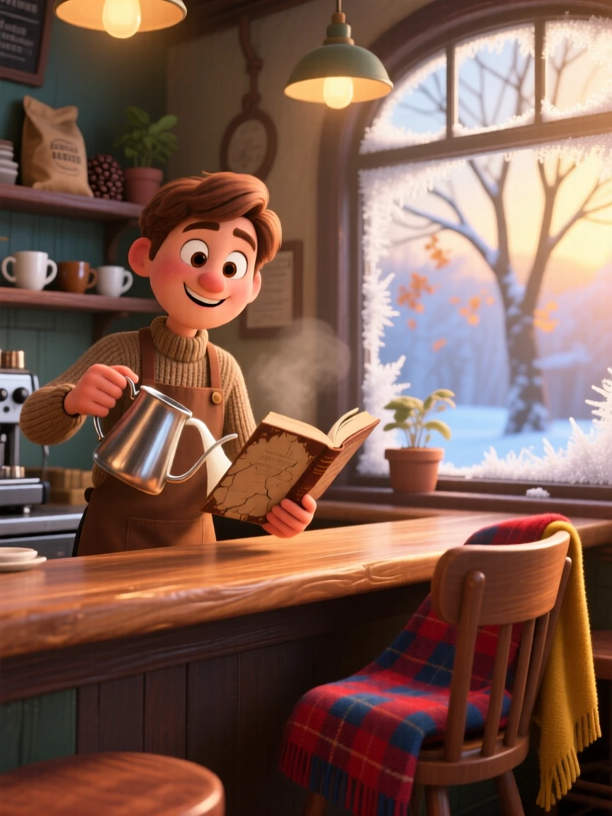 A barista steaming milk behind a counter sits beside a window streaked with morning frost, reading an old paperback novel. The atmosphere is warm, unhurried, and peaceful, with a plaid blanket draped over a chair.