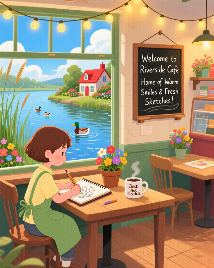In a riverside café, a young shopkeeper is busy sketching the view from a café window, while string lights twinkle overhead.