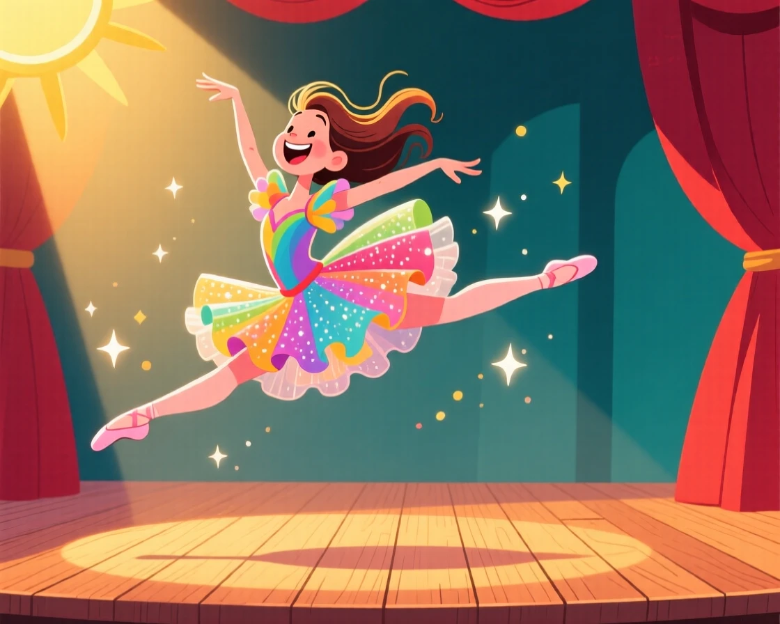 A dancer leaping gracefully across a sunlit stage.