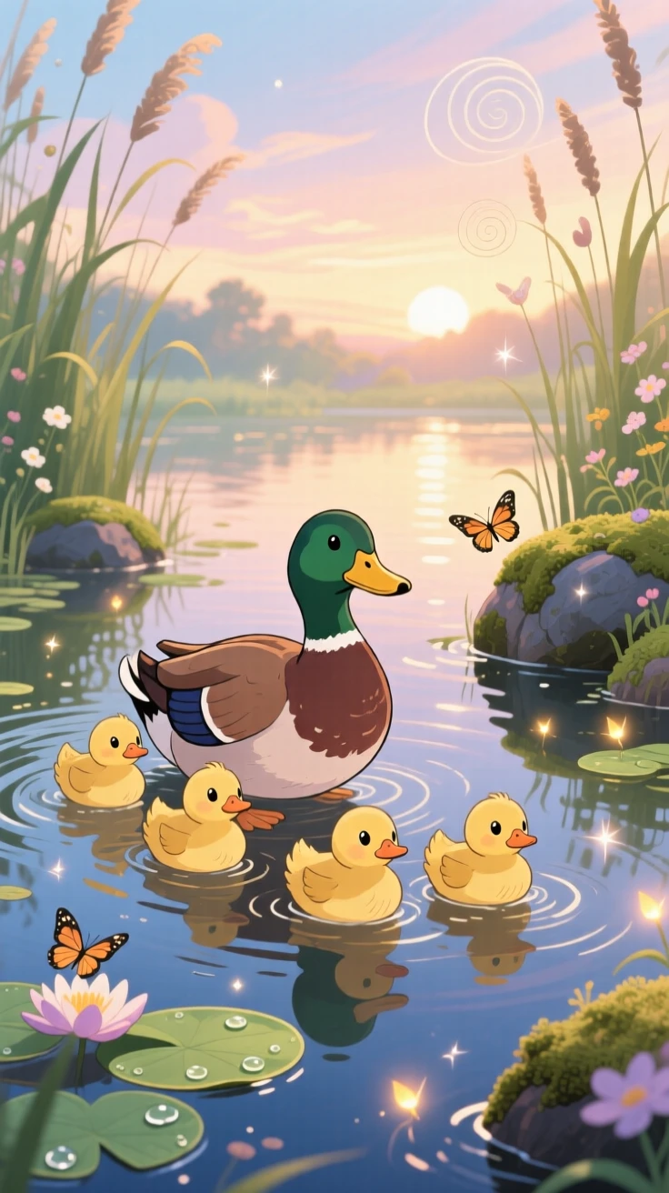 A family of ducklings following their mother across a pond, with a curious expression, ears perked up, radiating pure charm.