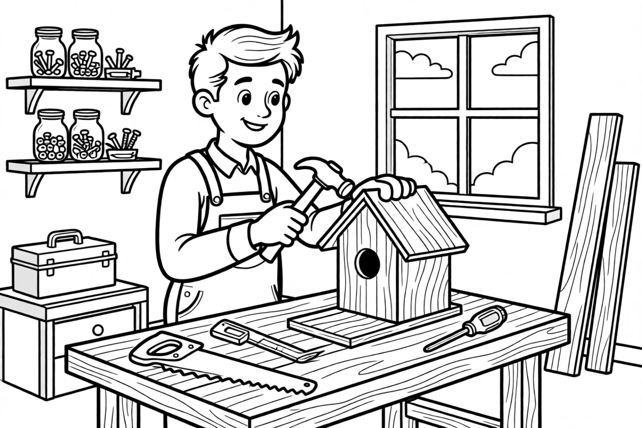 A carpenter building a birdhouse in a workshop