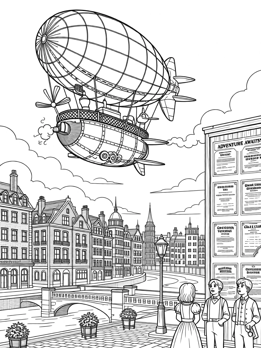 A steampunk airship drifting above a Victorian city skyline, with a poster wall visible in the background.