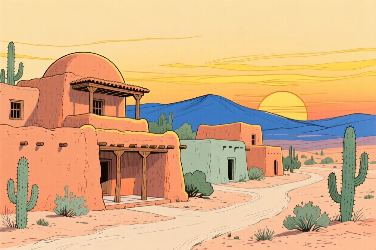 A traditional adobe village glowing in the desert sunset.