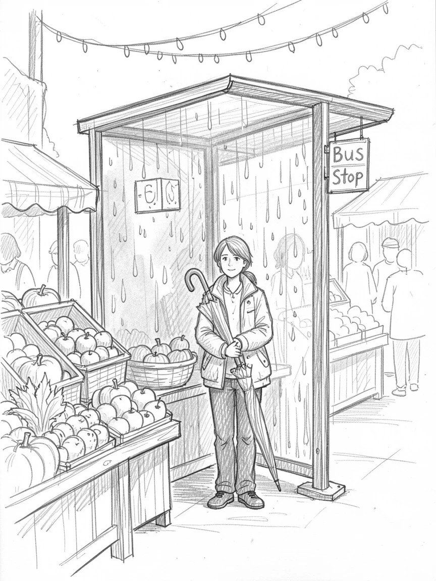 A commuter waiting at a rain-streaked bus stop, in a sunlit farmers market, with quiet everyday contentment.