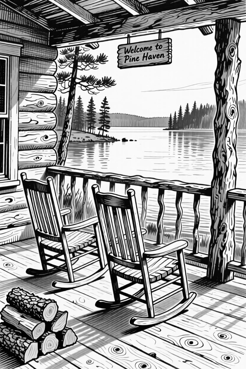 A rustic lakeside cabin porch with rocking chairs and a view of the water.