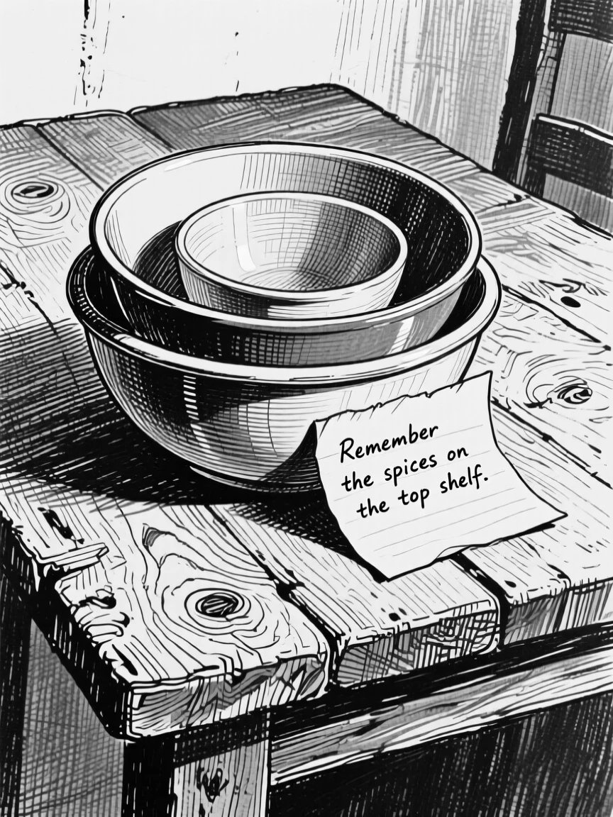A set of nested mixing bowls arranged on a rustic wooden table, with a folded note tucked alongside it, forming a cozy and intimate still-life study.