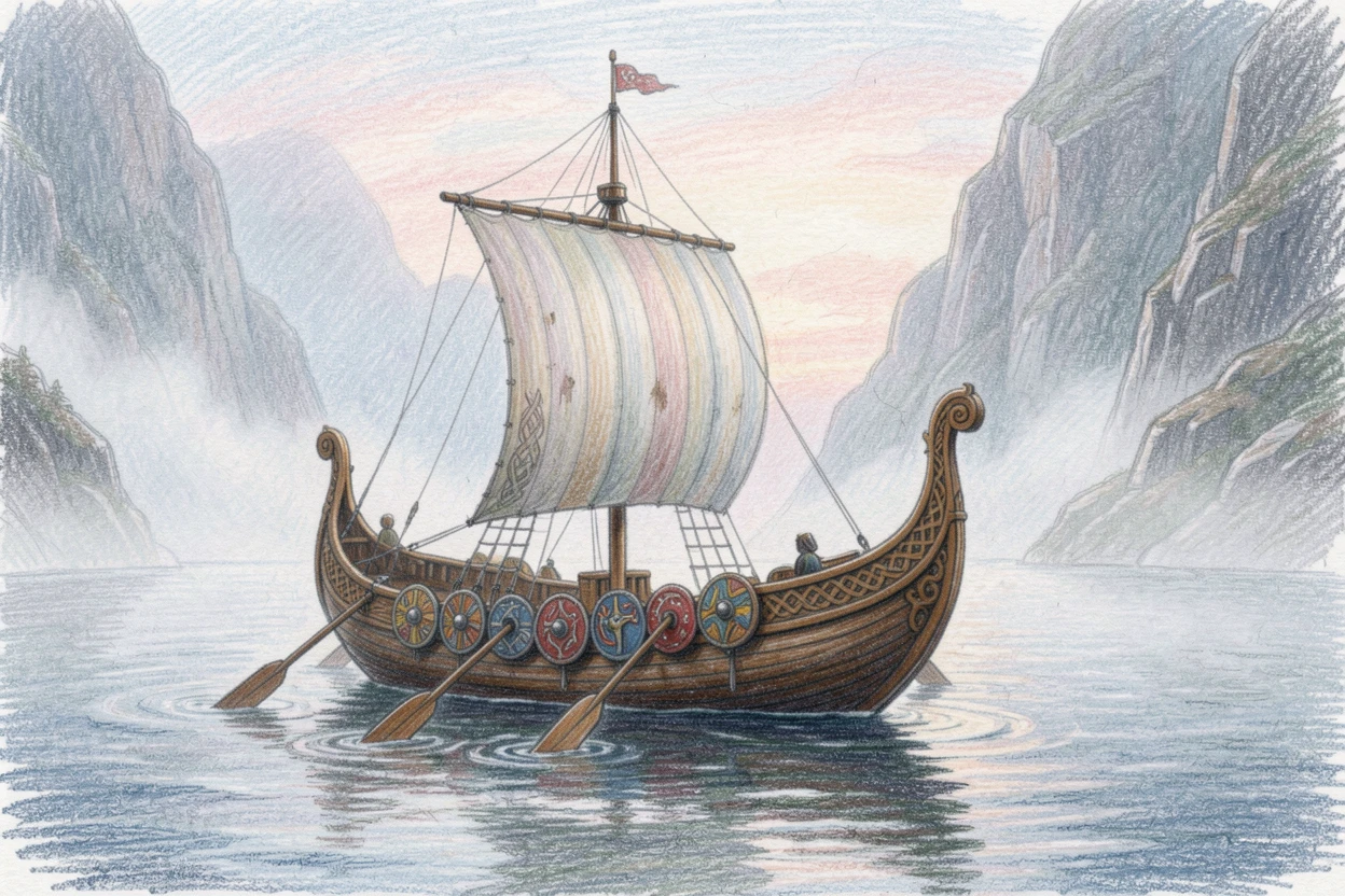 A Viking longship sailing along a misty fjord at dawn, filled with rich, authentic historical and cultural detail, evoking a sense of timeless tradition and heritage.