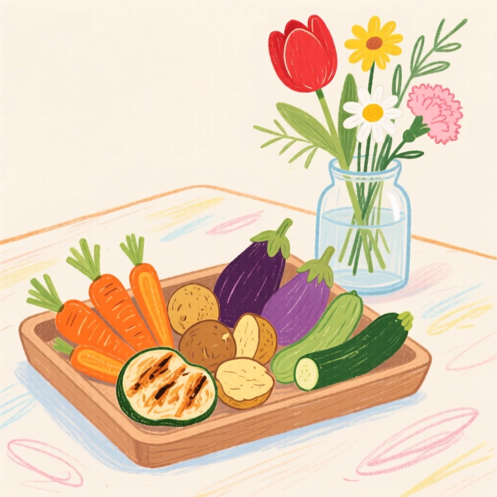 A tray of roasted vegetables set beside a vase of fresh flowers.