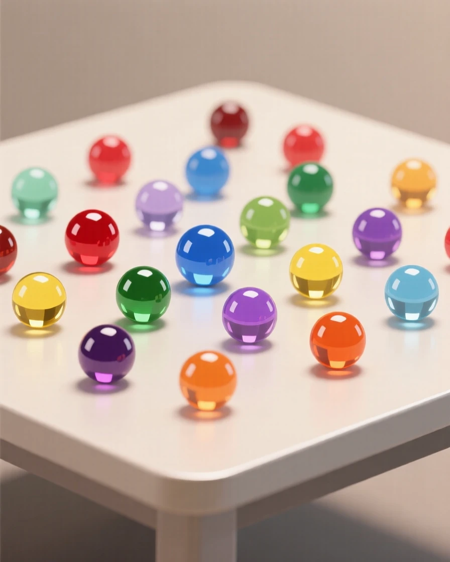 A collection of colorful glass marbles scattered on a table, set against a soft neutral backdrop, arranged symmetrically for a balanced, pleasing look, with a clean, elegant simplicity.