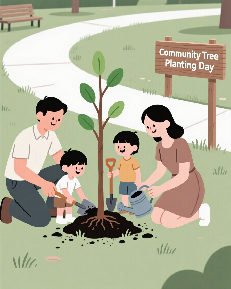 A family planting a tree together at a local park.