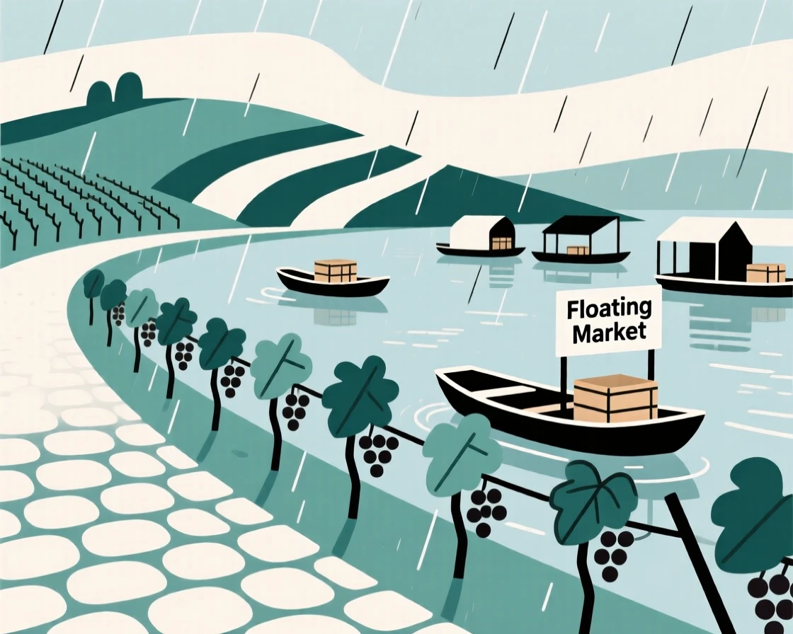 A journey through a countryside dotted with vineyards toward a floating market, passing cobblestone streets glistening with rain, full of cultural wonder.