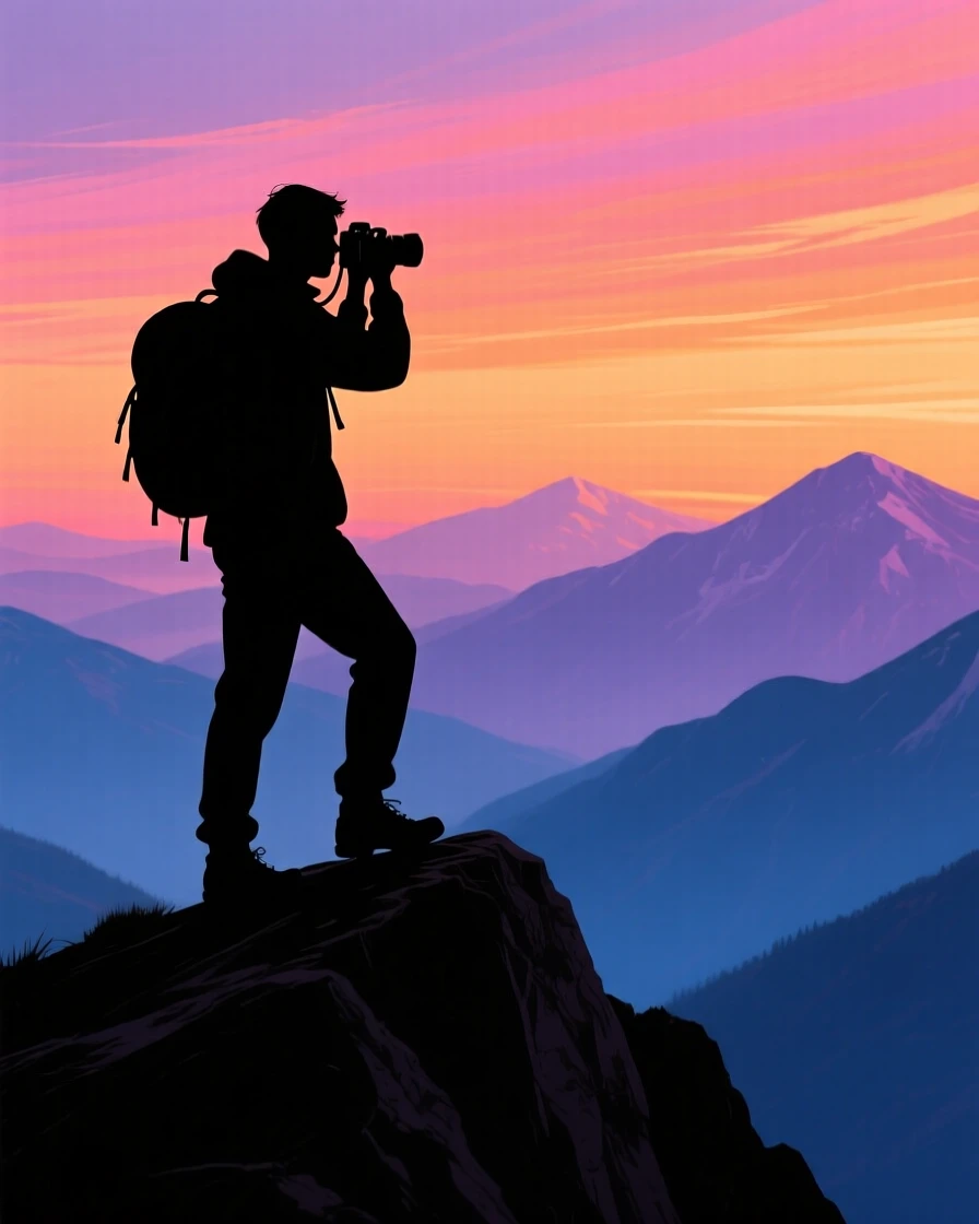 A hiker pausing to snap a photo of a wide mountain vista.