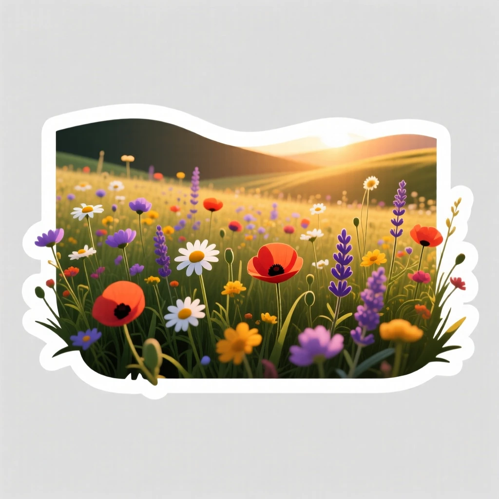 A vibrant wildflower meadow at golden hour, illuminated by warm afternoon sunlight, far from any city lights.