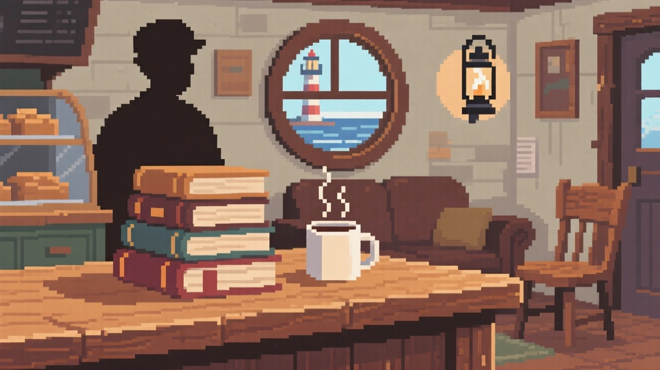 A bakery counter stacked with well-worn books and a steaming mug, within a lighthouse keeper's living room.