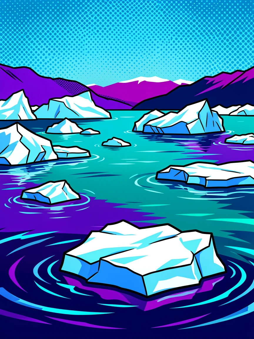 A glacier bay dotted with icebergs in Alaska