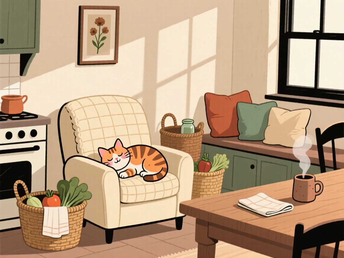Morning light spills across a small farmhouse kitchen filled with woven baskets and soft cushions, where a tabby kitten naps peacefully on the armchair cushion.