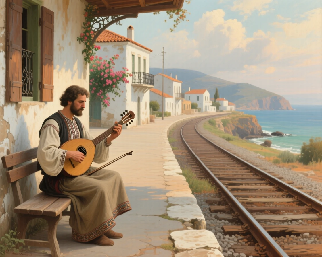 A balanced composition of a musician playing a farewell song on a quiet railway platform, in the 18th century, in a Greek island village.