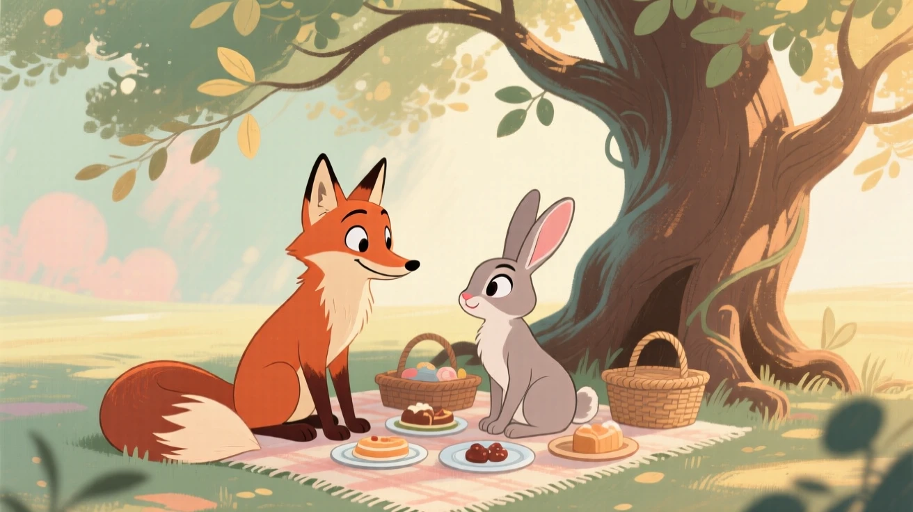 A fox and a rabbit sharing a picnic beneath an enchanted tree