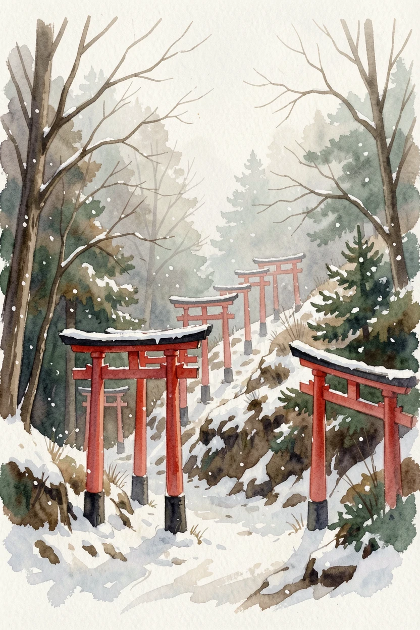 A row of red torii gates leading up a forested hill during the first snow.