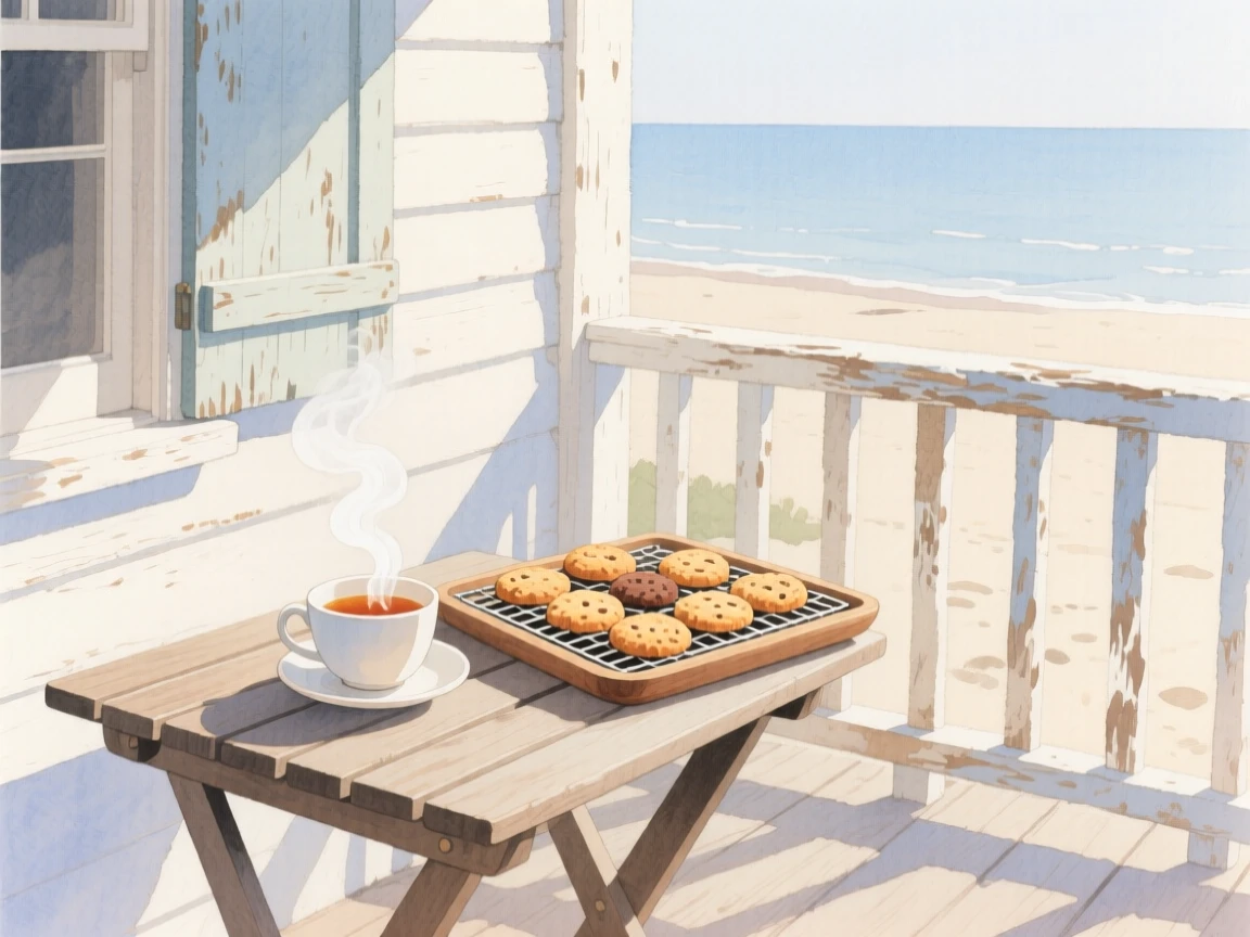 A charming view of a seaside cottage porch, with steam rising from a fresh cup of tea, featuring a tray of cookies cooling on a rack