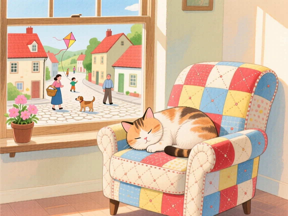 A cat curled up on a quilted armchair by a window, bustling gently with everyday village life.