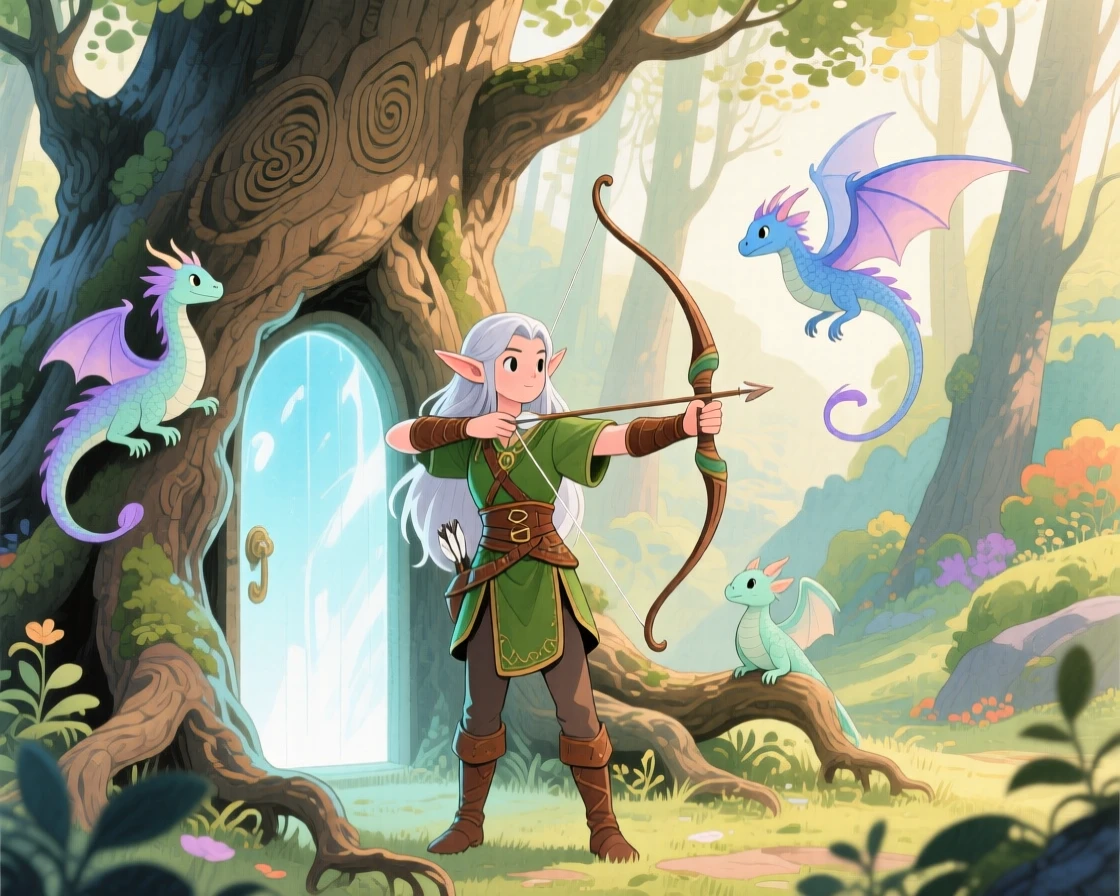 An elven archer discovering a hidden door glowing with magical light in an ancient tree, in a hidden valley guarded by gentle dragons, brimming with enchantment and discovery.