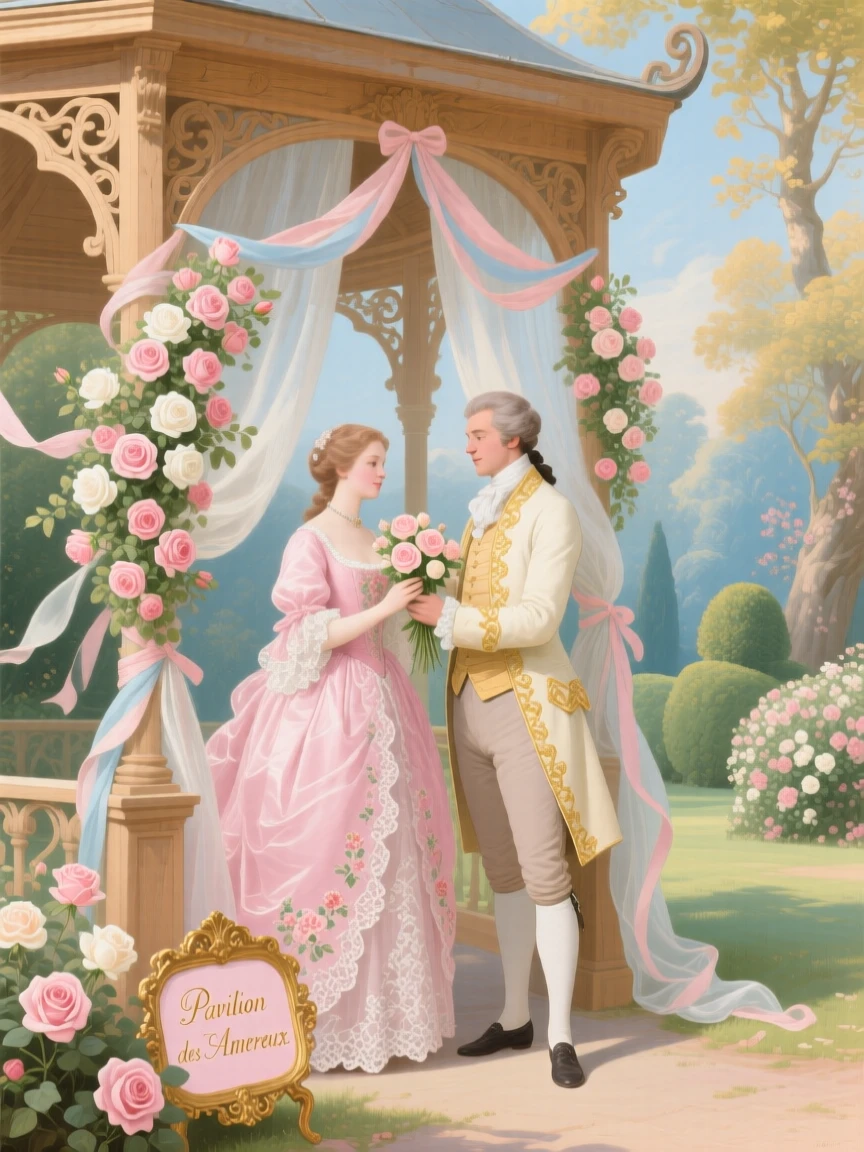 A couple decorating a wedding pavilion with roses and silk ribbons  