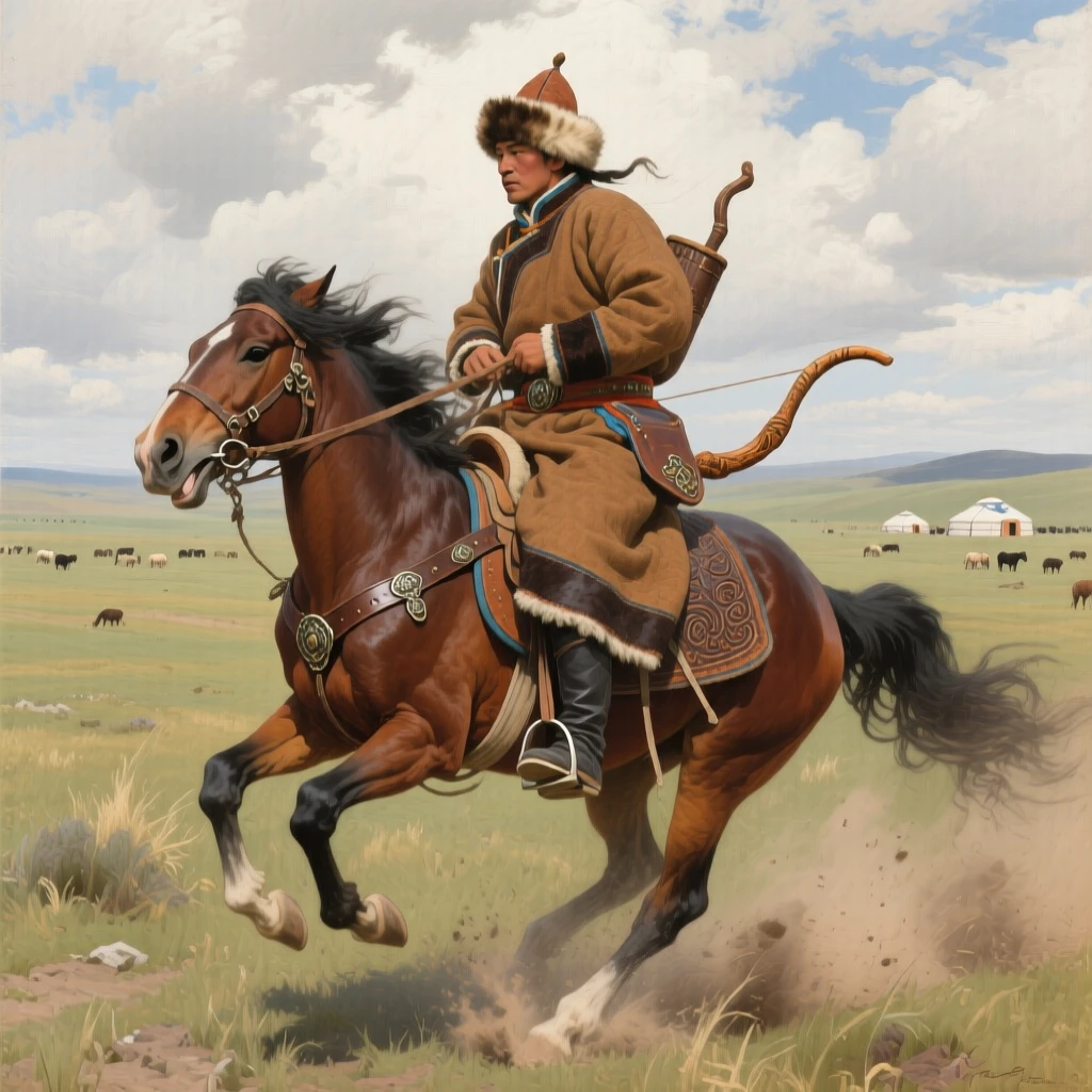 A Mongolian horseman galloping across the open steppe at full speed, capturing the customs and craftsmanship unique to the era, offering a vivid window into a fascinating moment of human history