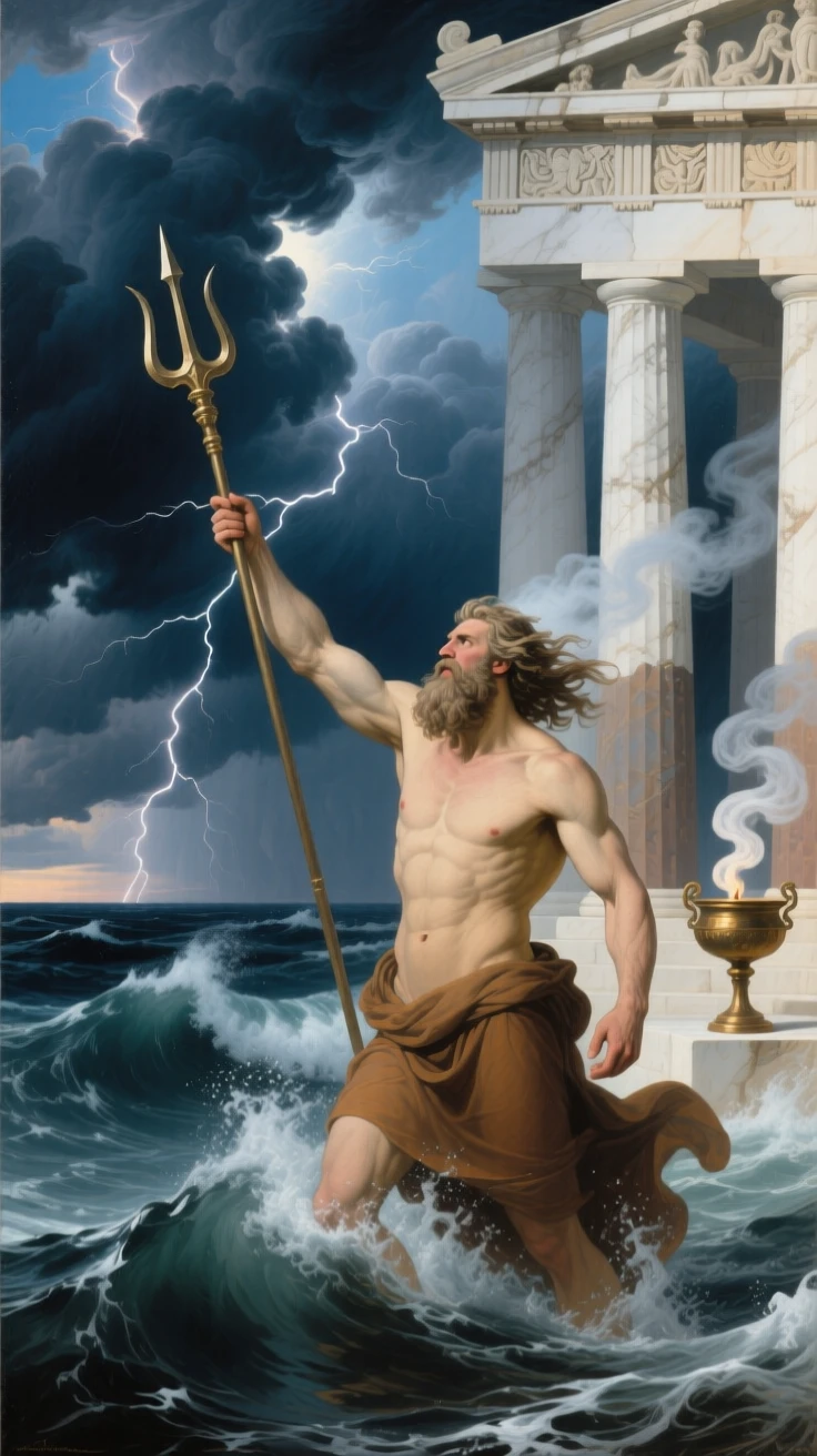 The sea god Poseidon summoning a storm to part the waves as thunder rolls across a darkening sky, set against the marble columns of an ancient temple, as smoke from ceremonial braziers curls upward past carved friezes; the horizon splits the scene between earthly struggle and divine light, capturing the timeless clash of glory and mortality.