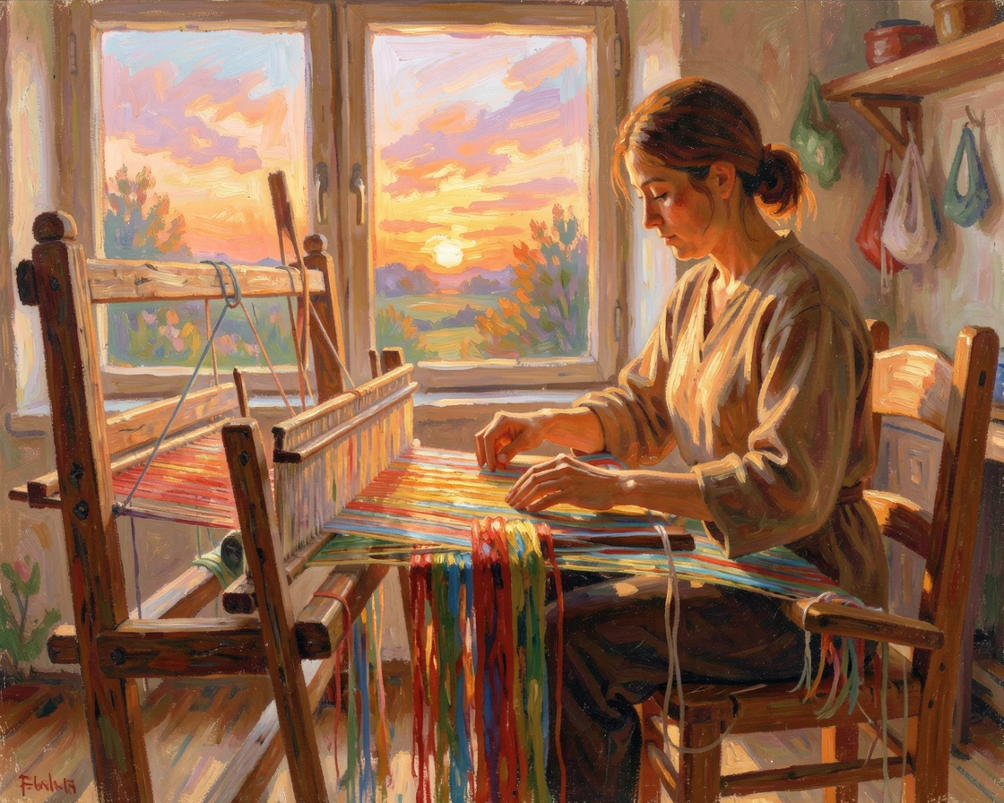 A weaver working at a traditional loom, colorful threads catching the light of a nearby window, under a glowing sunset sky, radiating serenity and gentle stillness.