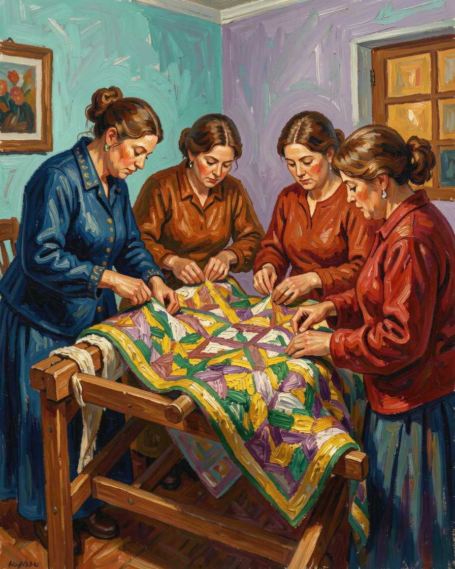 A group of quilters gathered around a large frame, stitching together in companionable silence.