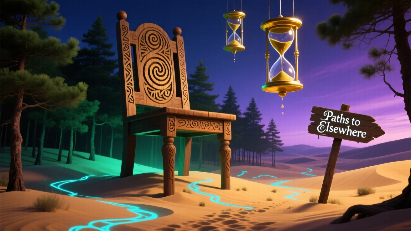 A giant wooden chair towering over a small forest of pine trees rests half-buried in drifting golden sand, while tiny paths have been worn into the ground around it.