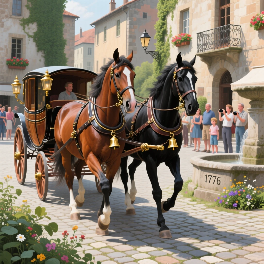 A proud draft horse team pulls an antique carriage through a cobblestone European square, tourists watching as bells jingle on the harness, nearby vegetation and terrain grounding the animal firmly within its natural environment.
