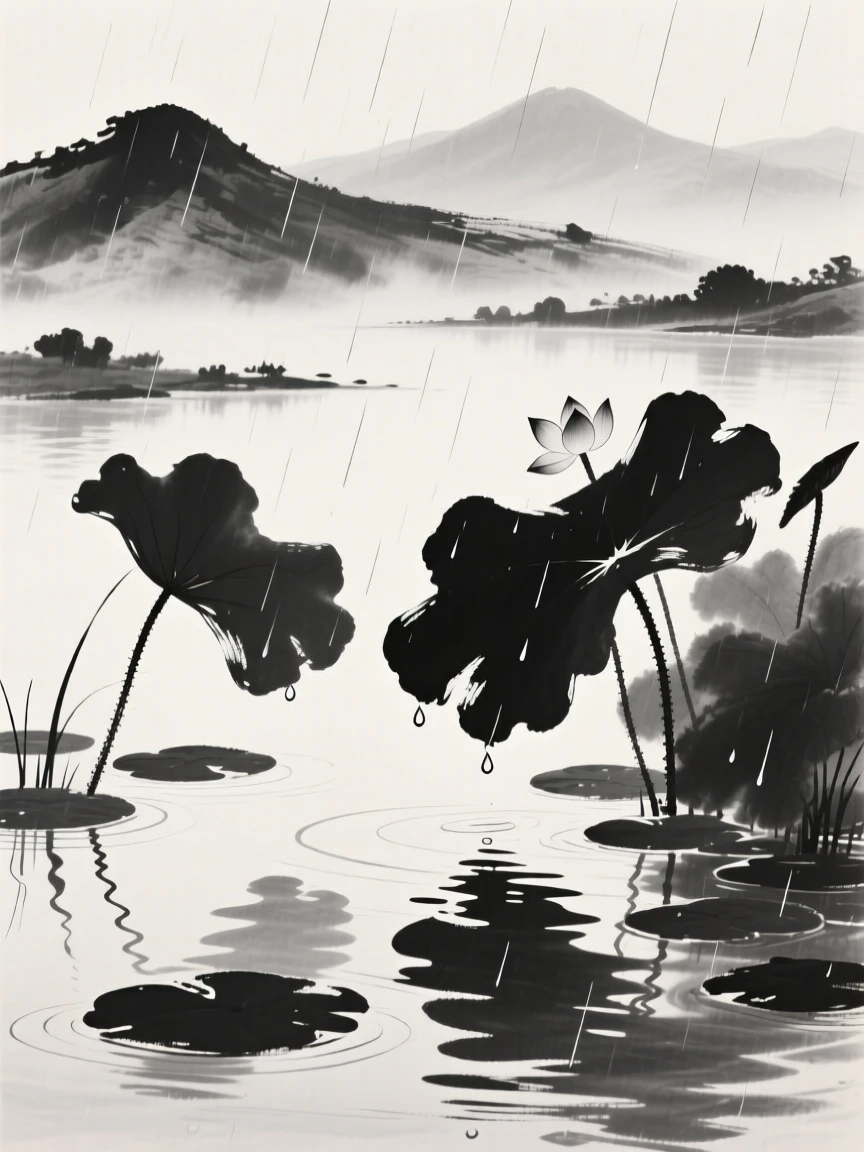 Rain falls gently onto a pond covered with lotus leaves, with distant hills visible beyond the pond.