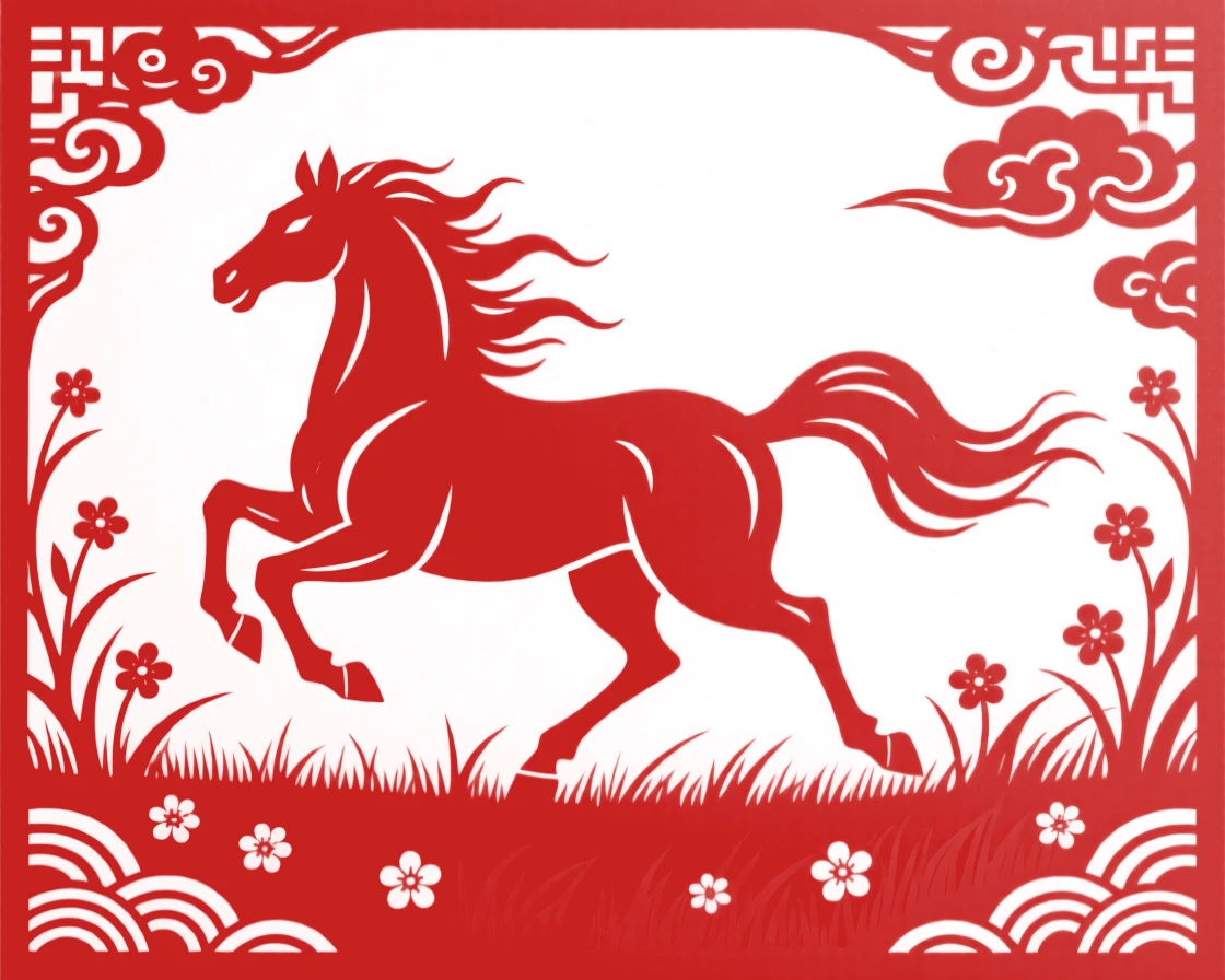 A horse galloping freely across an open grassland, mane and tail streaming in the wind beneath a wide sky