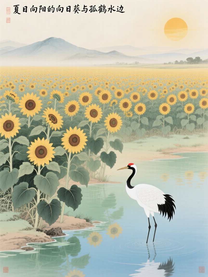 A field of sunflowers turning to face the summer sun, with a lone crane standing at the water's edge