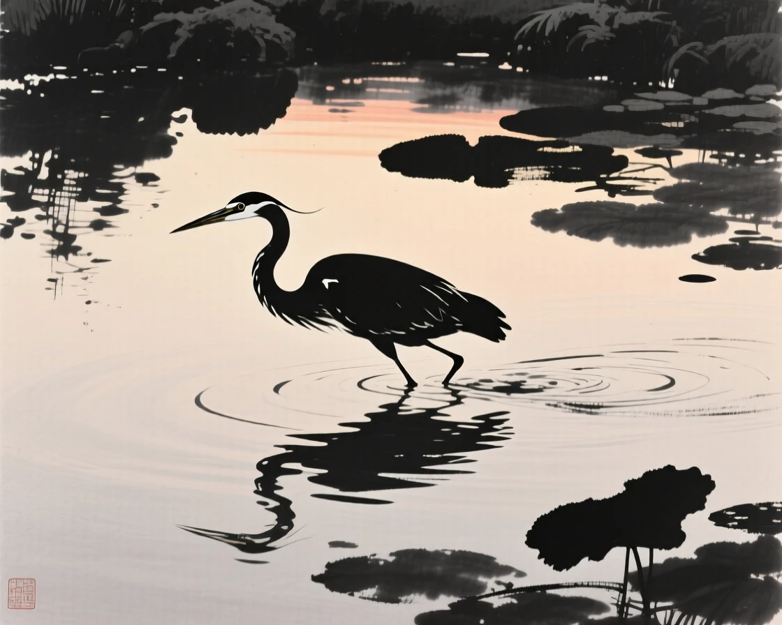 A heron skimming the surface of a quiet pond over a tranquil garden pond, silhouetted softly against the fading light, evoking grace, freedom, and quiet elegance.