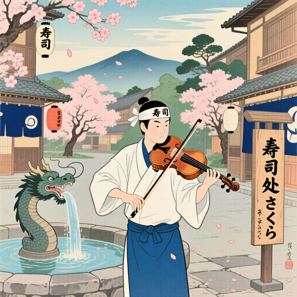A sushi chef playing violin beside a plaza fountain.